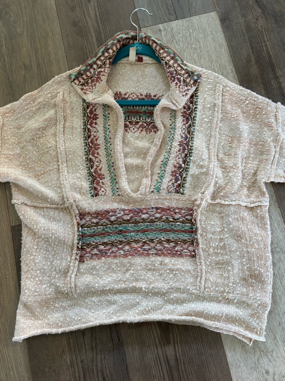 Pilcro Beige Baja Pullover Hoodie with Multicolor Embroidered Trim